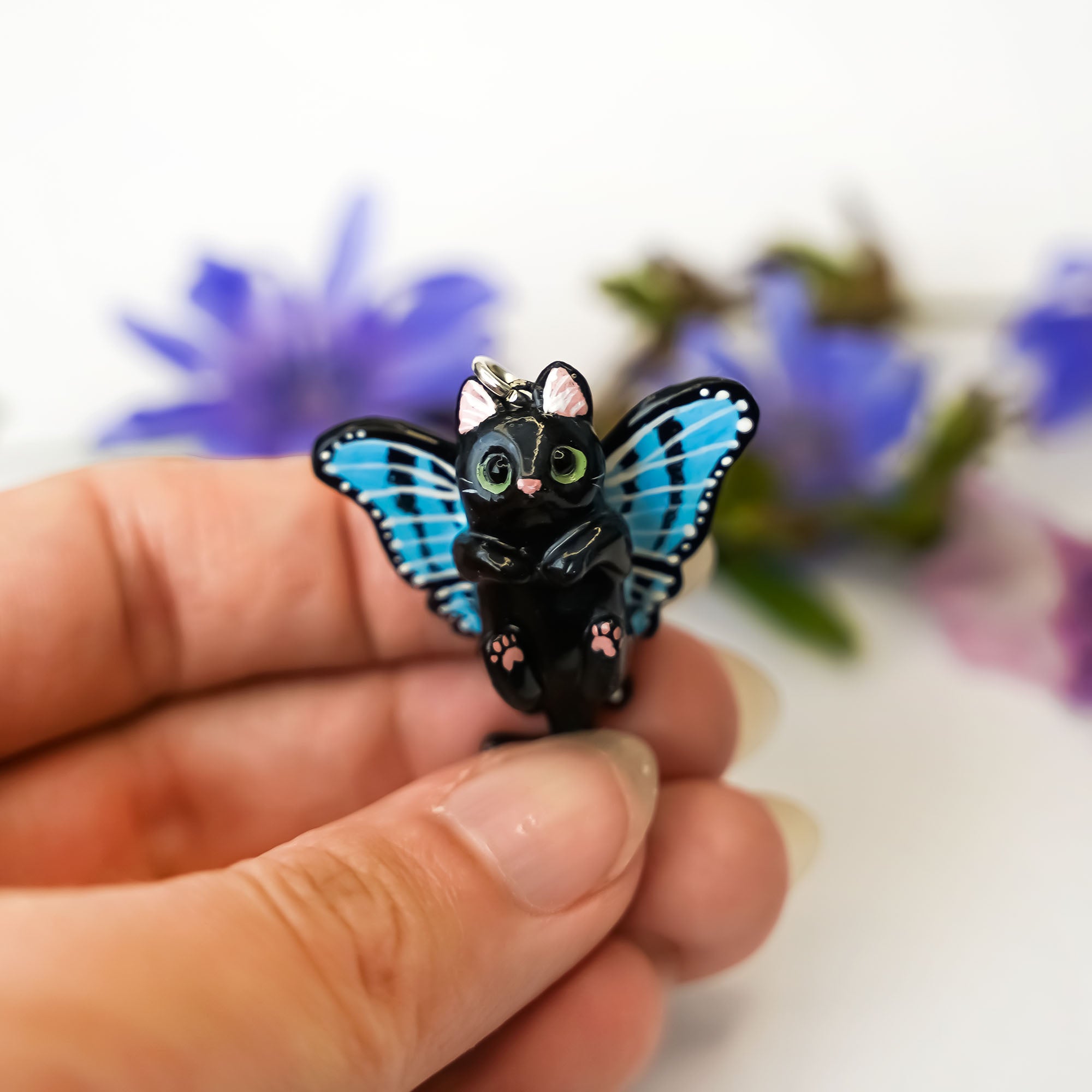 Black cat with butterfly wings pendant