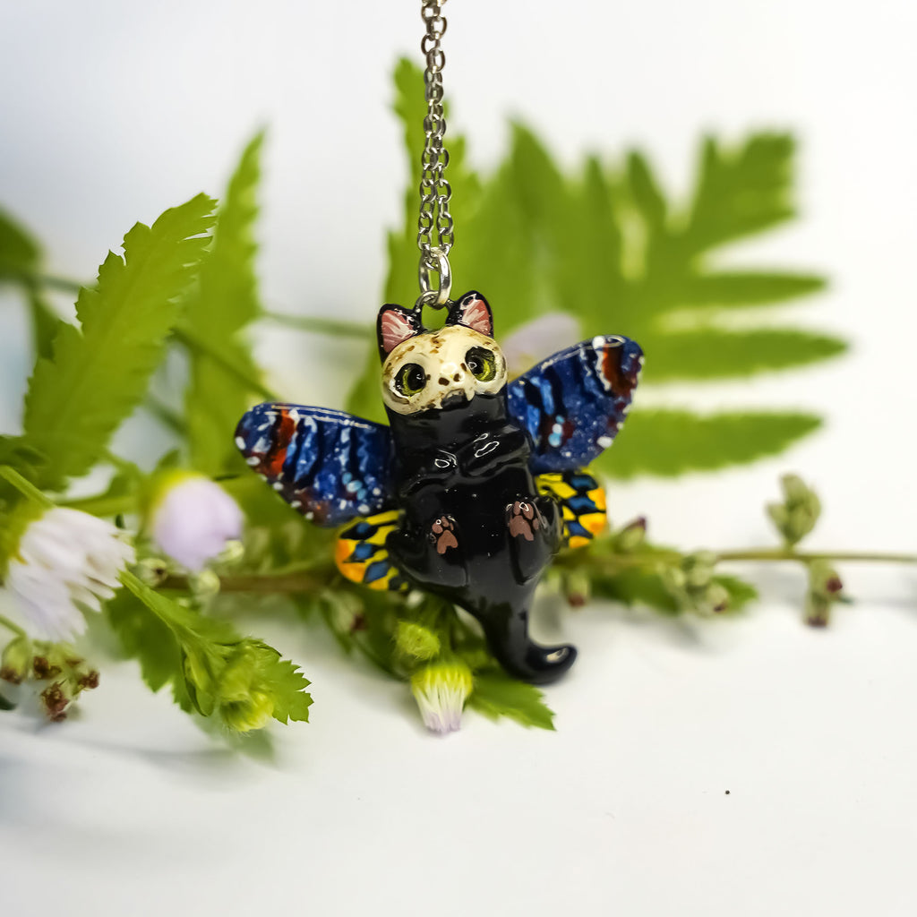 Death head black cat pendant