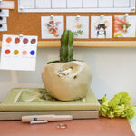 Ceramic flower pot with a stegosaurus