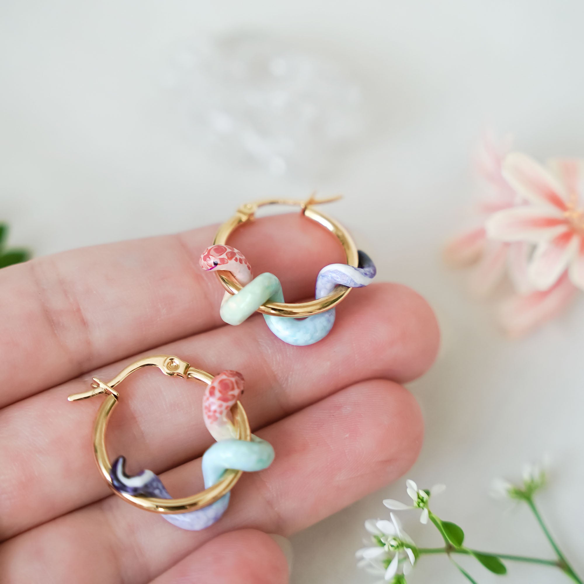 Mini rainbow pastel snake earrings