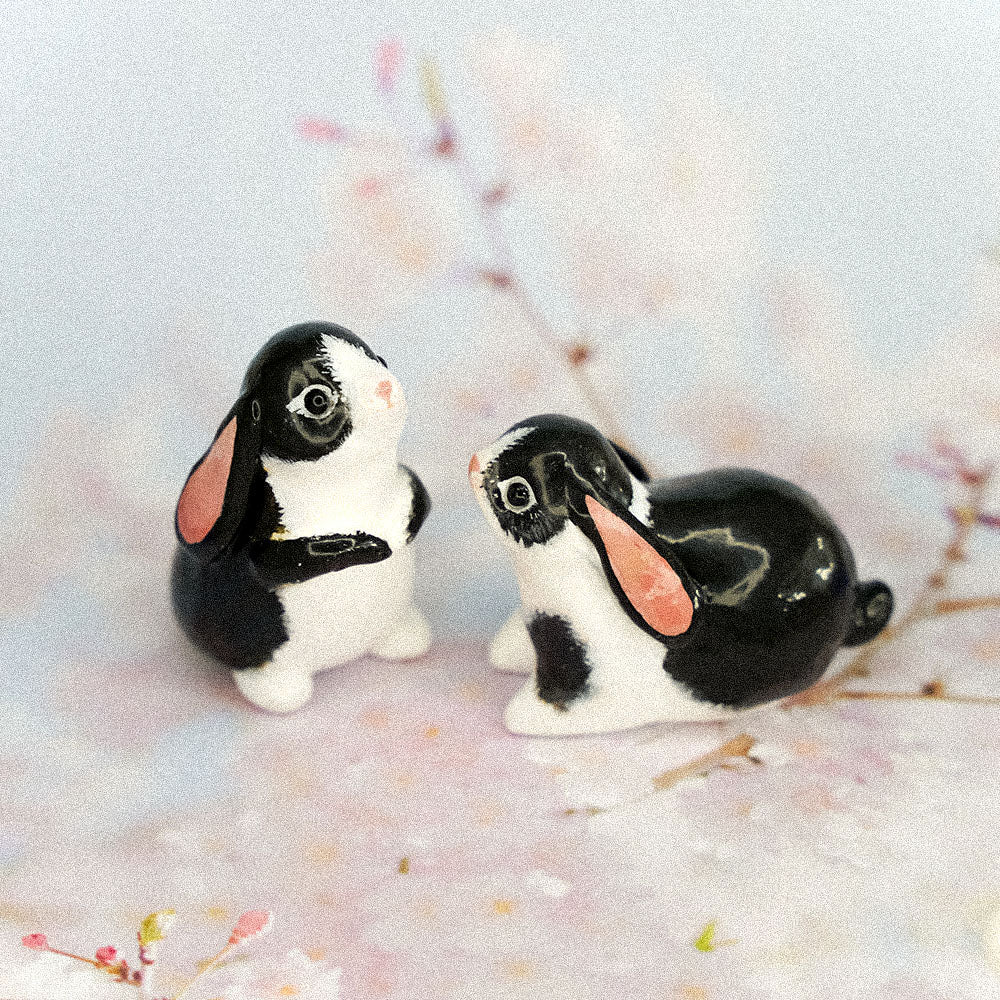 Black&white rabbits with cherry blossoms hats